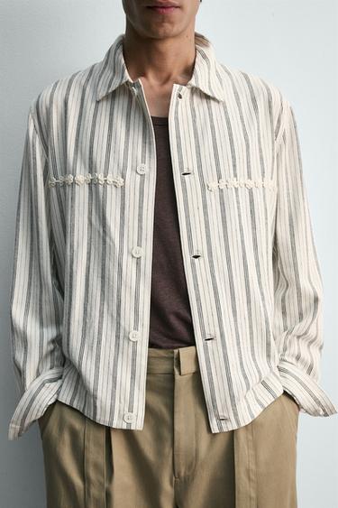 EMBROIDERED STRIPED FLUID OVERSHIRT - Ecru by Zara - Image 5