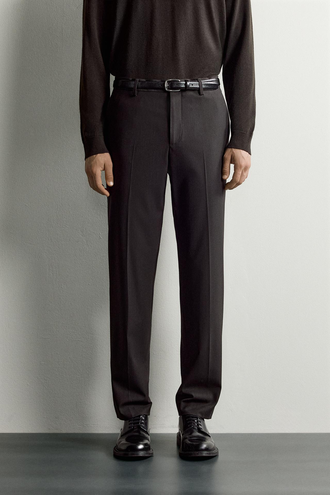 STRIPED REGULAR FIT SUIT PANTS — Dark brown