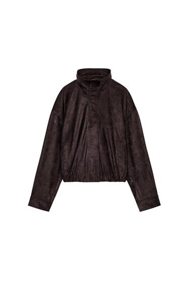 Front view of brown bomber jacket with stand-up collar, long sleeves, front pockets and front zip fastening.