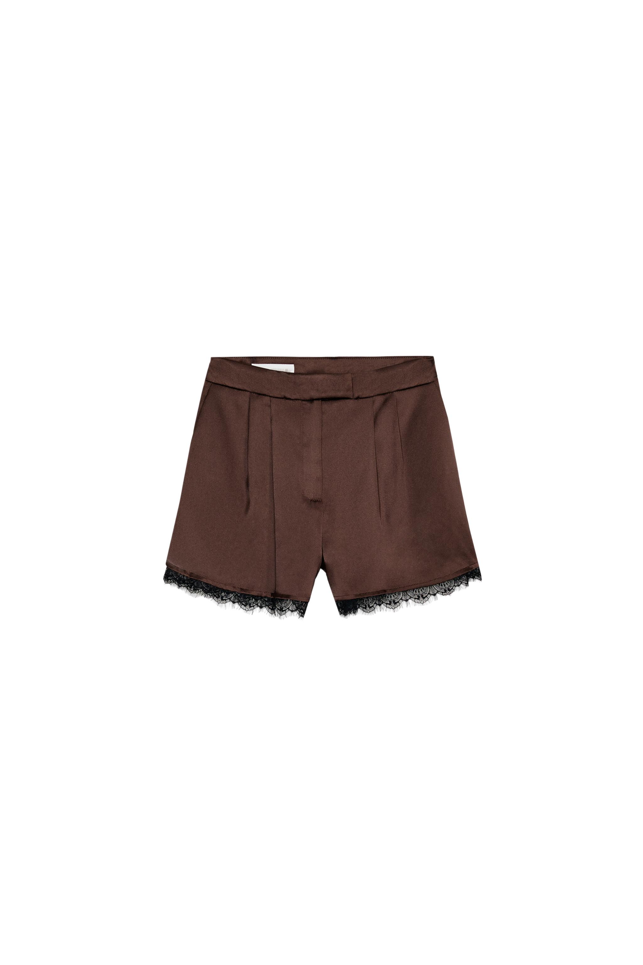 SATIN EFFECT LACE TRIM SHORTS - Brown | ZARA United States