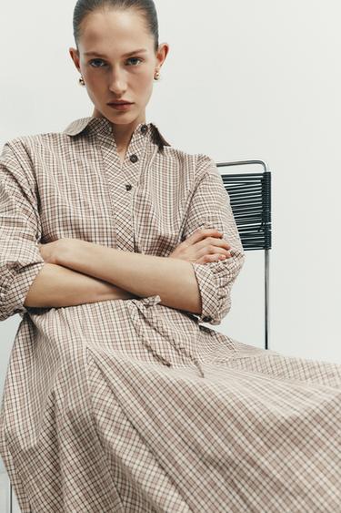 VESTIDO CAMISERO CUADROS GODETS - Crudo / Beige de Zara