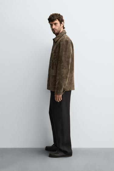 SURCHEMISE EN CUIR DAIM - vert kaki-moyen de Zara - Image 3