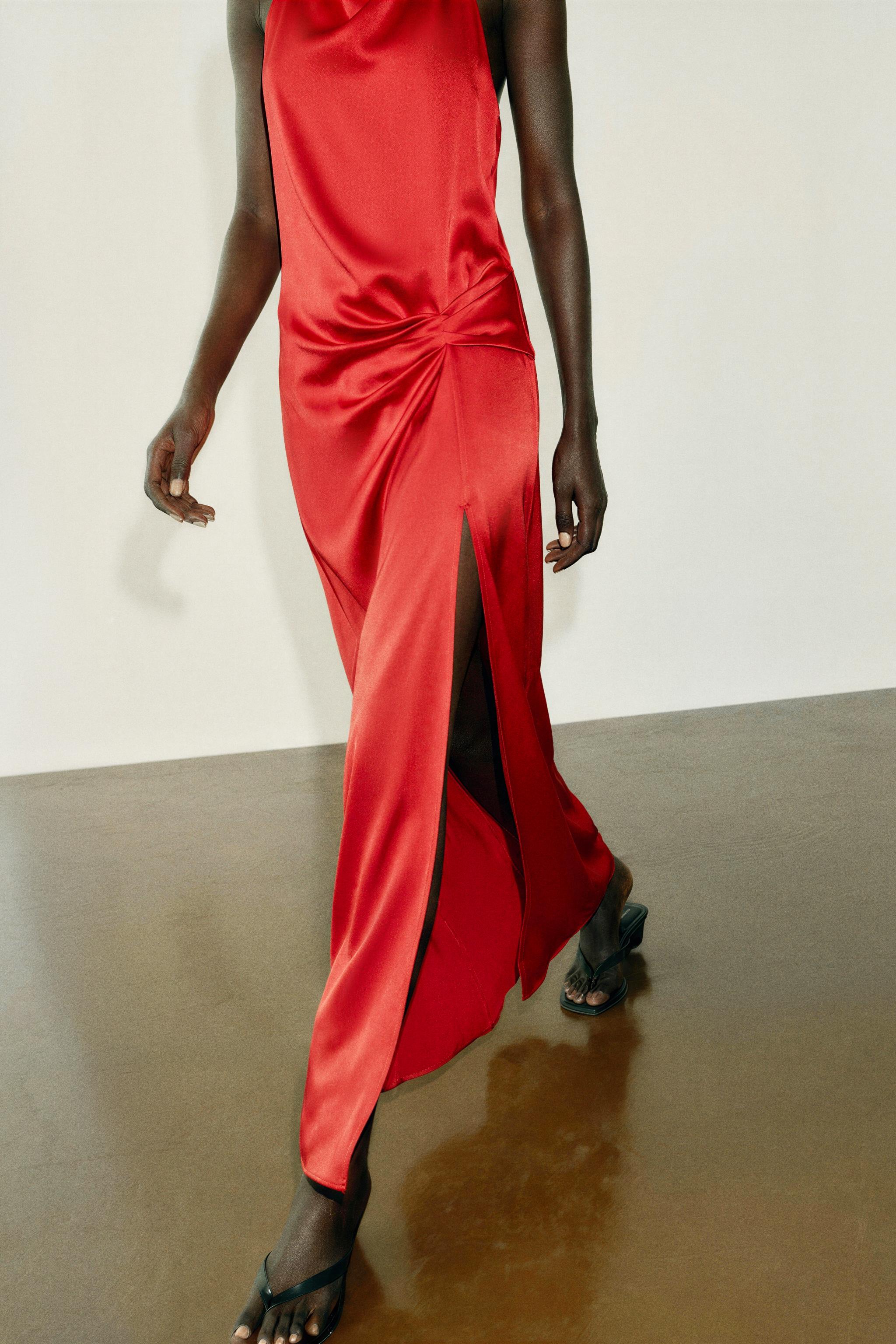 SATIN HALTER MIDI DRESS — Red