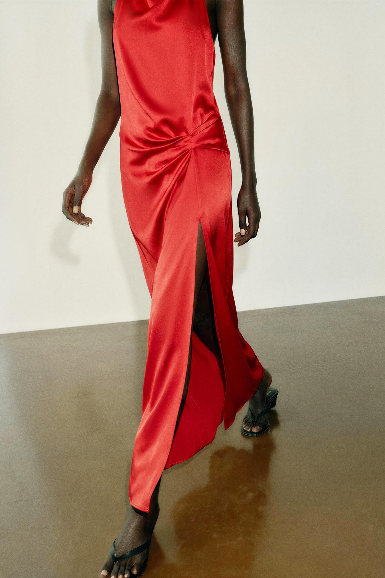 SATIN HALTER MIDI DRESS — Red