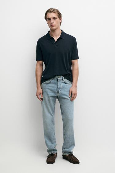 Zara Linen and cotton short sleeve polo shirt - Navy blue - Image 0
