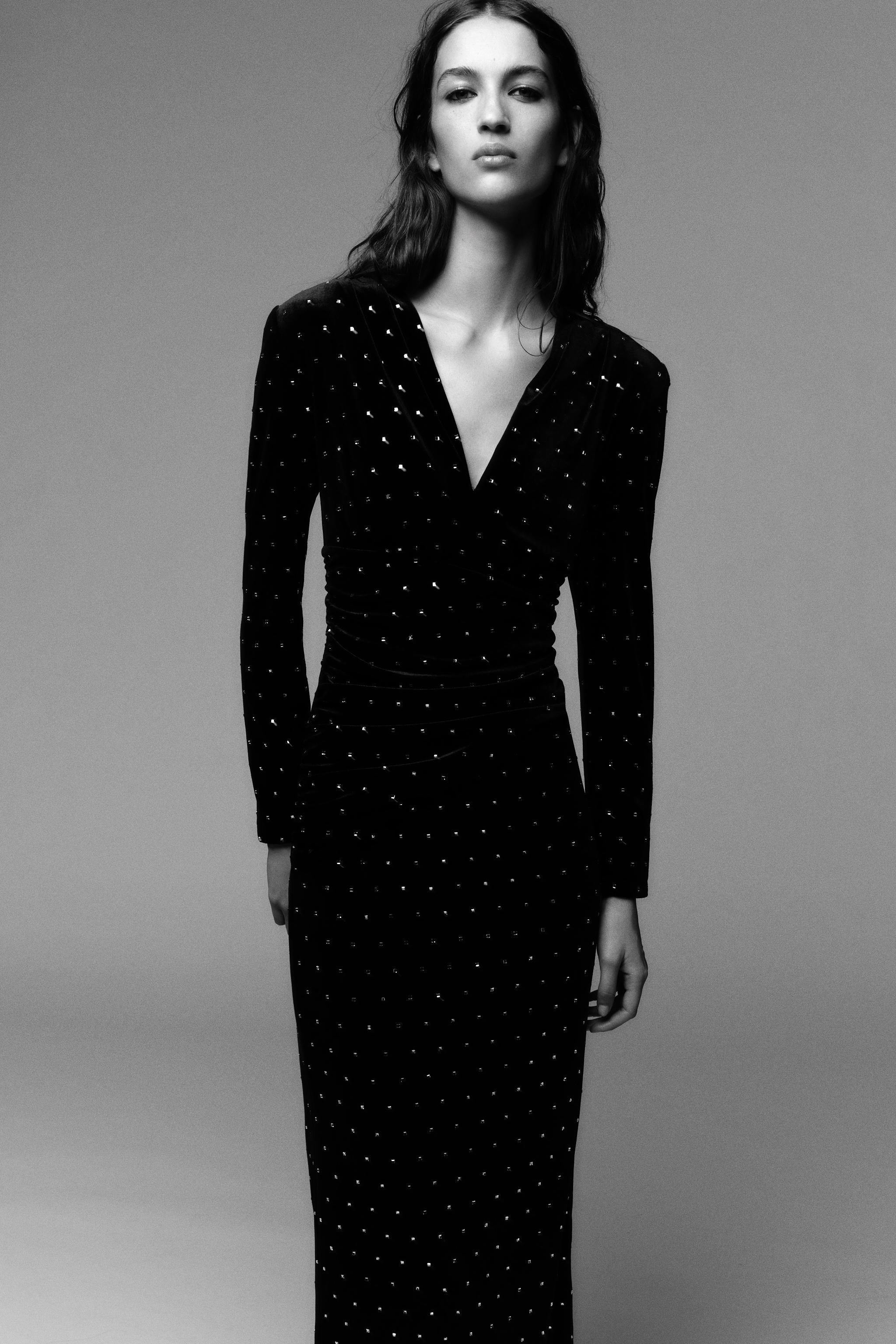 ZARA シャイニーベルベットミディ丈ワンピース　S シャイニーベルベットミディ丈ワンピース - ブラック | ZARA Japan / 日本