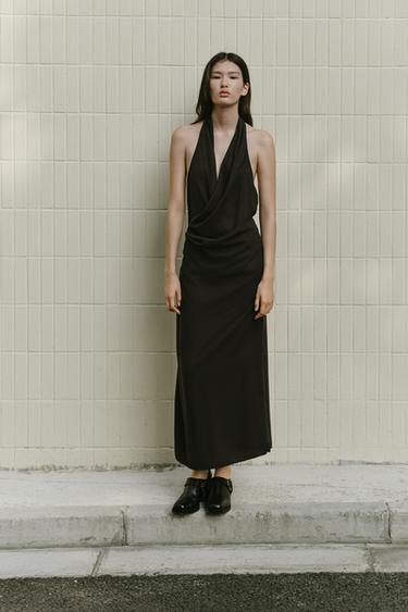 Zara 飄逸垂墜中長版連身裙 - 黑色