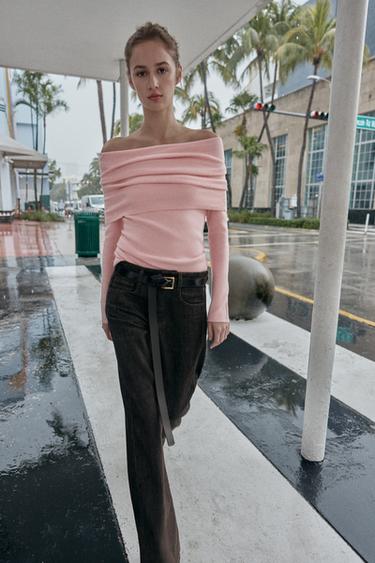 Zara OFF SHOULDER KNIT JUMPER - Light pink
