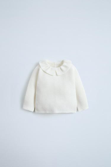 Zara RUFFLED KNIT SWEATER - Light ecru