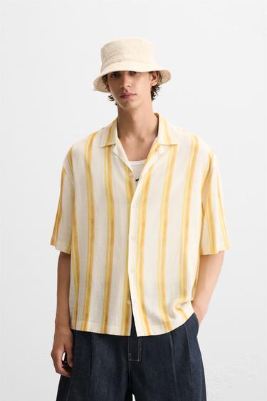 Zara VISCOSE LINEN STRIPED SHIRT - Ecru/Yellow