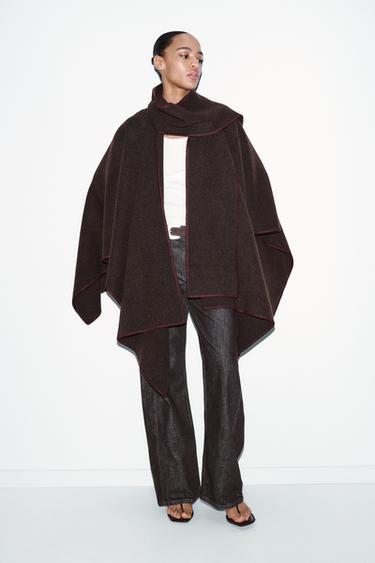 KNIT CAPE WITH CONTRAST THREAD SCARF - Brown by Zara