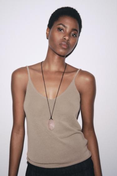 LEATHER CORD NECKLACE WITH STONE - Pale pink by Zara