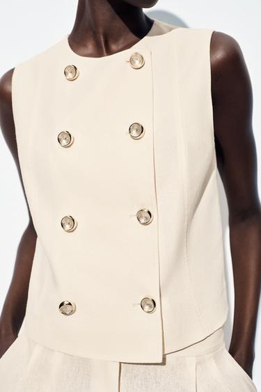 Zara LINEN DOUBLE BREASTED VEST - Ecru