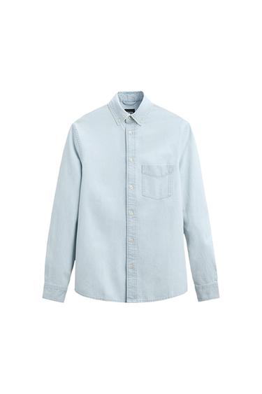 Light blue long-sleeved shirt with a button-down collar, button-down front, and a chest pocket, on a white background.