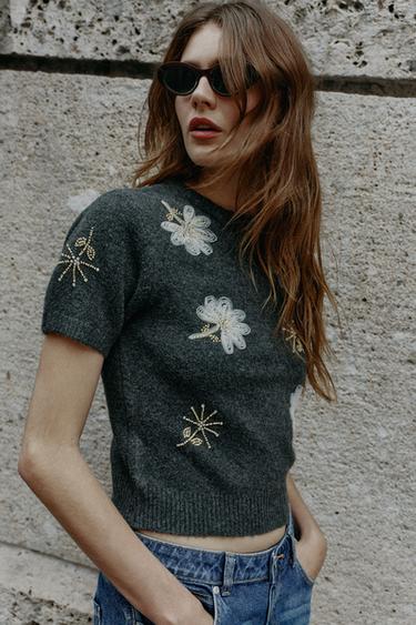 BEADED SHORT-SLEEVE KNIT SWEATER — Anthracite grey 1