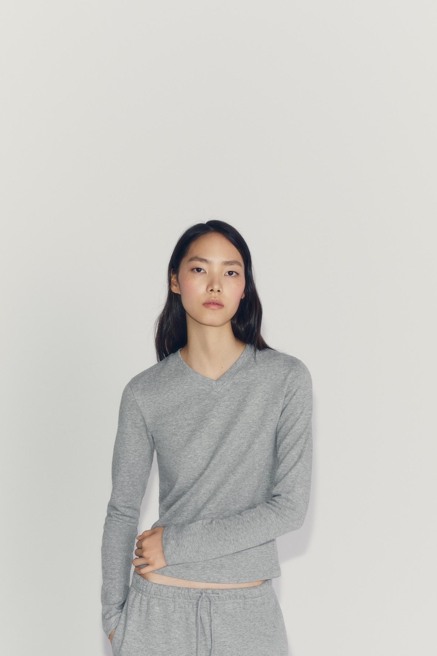 Женская футболка Zara V-NECK, цвет: Серый — фото 2