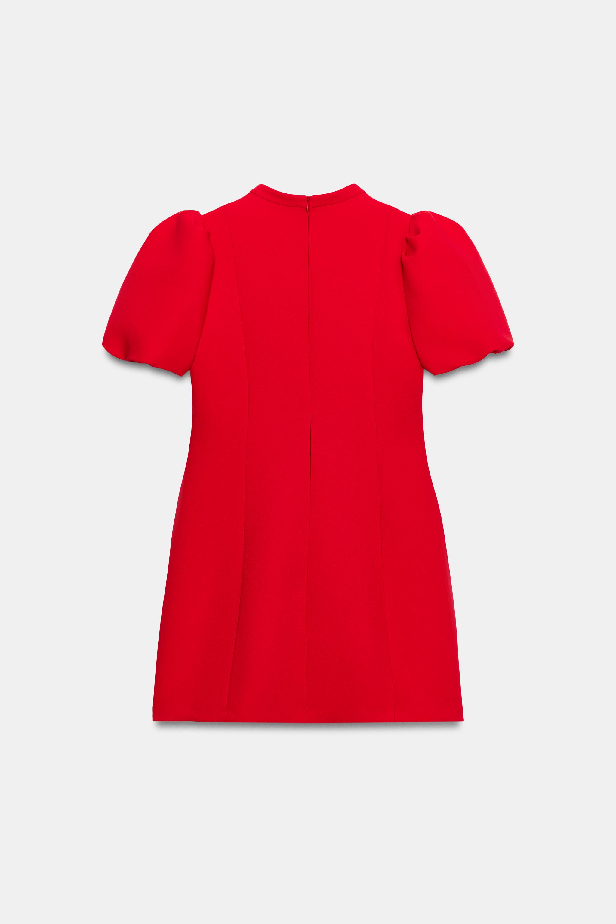 red puff sleeve dress zara SHORT PUFF SLEEVE DRESS - Red