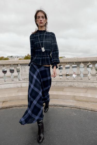 SMOCKED CHECK TOP - Blue / Navy by Zara