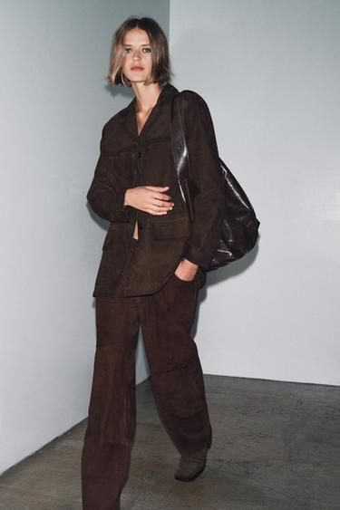 VESTE EN CUIR DAIM 100 % COLLECTION ZW ÉDITION LIMITÉE - Chocolat de Zara