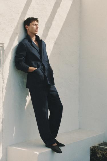 DOUBLE-BREASTED HERRINGBONE 100% LINEN SUIT BLAZER - Indigo by Zara