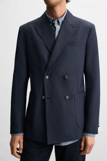 Zara WOOL BLEND DOUBLE BREASTED BLAZER - Navy blue