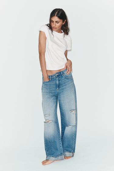 JEANS TRF BAGGY FOLDED ROTOS TIRO MEDIO - Índigo de Zara