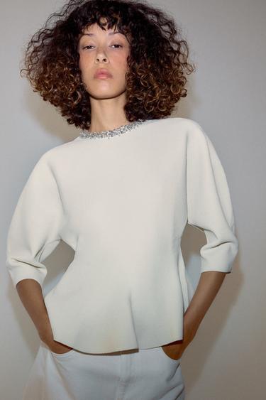 KNIT TOP WITH JEWEL NECK - Ecru by Zara