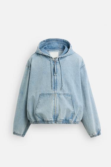 Zara HOODED DENIM JACKET - Light blue
