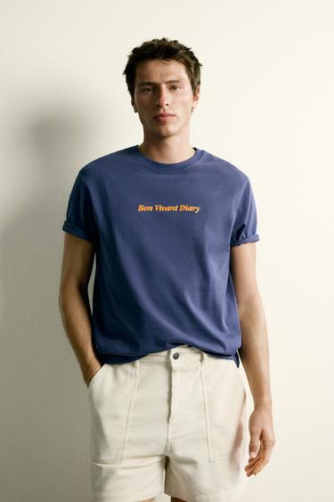 RELAXED FIT EMBROIDERED SLOGAN T-SHIRT - Navy blue by Zara