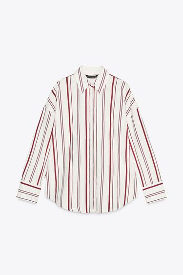 CHEMISE À RAYURES EN POPELINE - Blanc / Grenat de Zara - Image 4