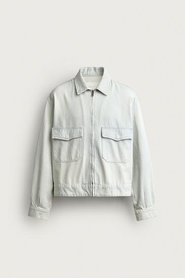 Zara WASHED STRIPED CROPPED JACKET - Faded sky blue