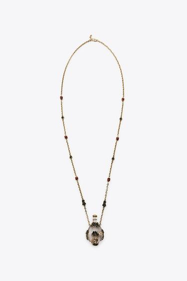 METAL NECKLACE WITH FLOWERS AND BOTTLE - Aged gold by Zara