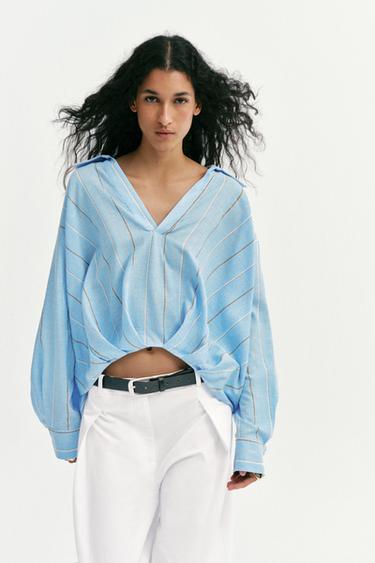 Zara LINEN BLEND SHIRT WITH PUFF HEM - Sand / Blue