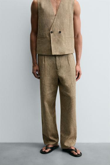 CALÇA 100% LINHO COM PREGAS - Esverdeado da Zara