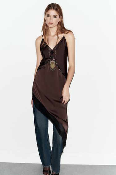 ASYMMETRIC SATIN MIDI DRESS - Brown by Zara