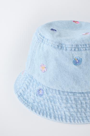 EMBROIDERED FLORAL DENIM BUCKET HAT - Blue by Zara