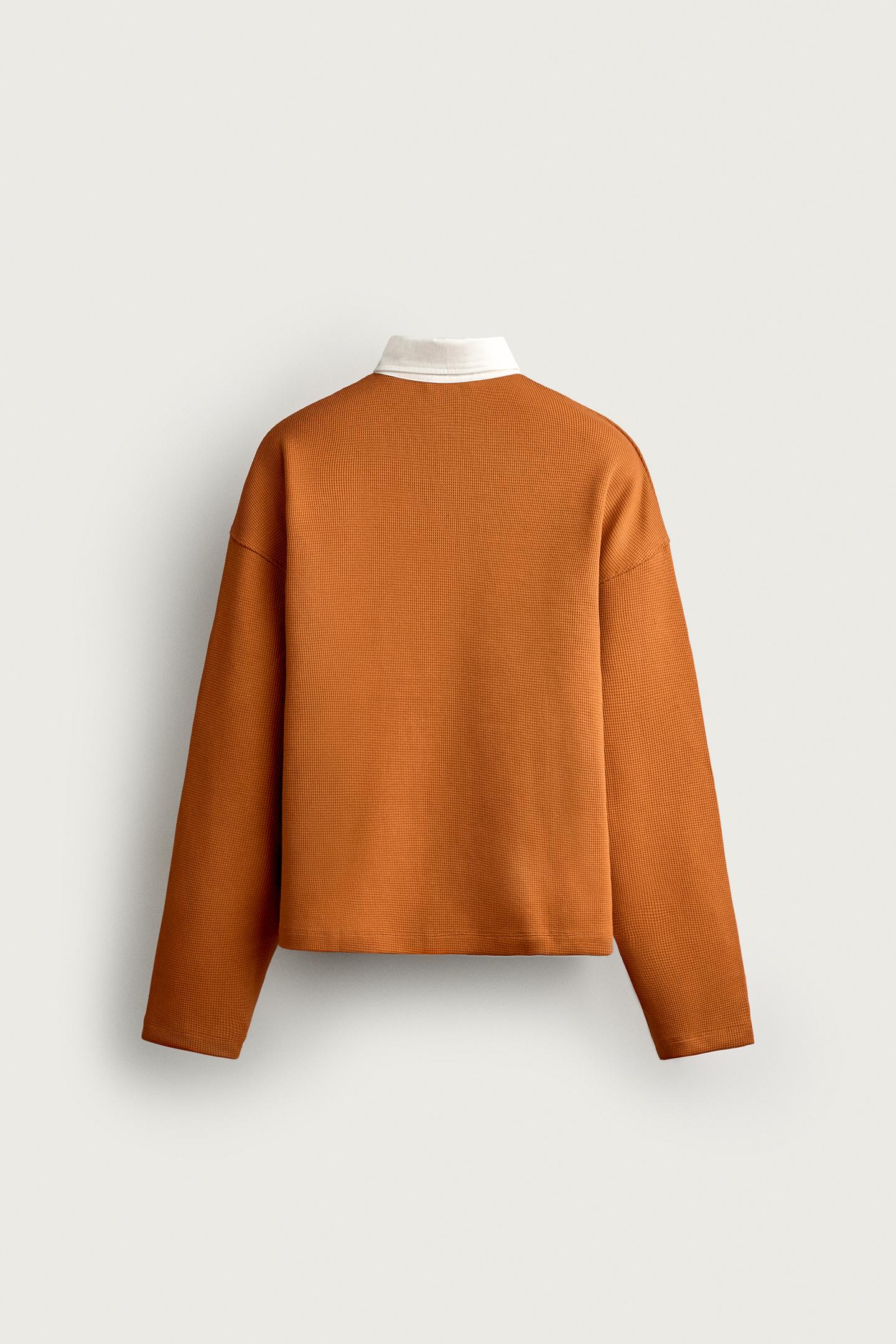 Мужское поло Zara Contrast Waffle Texture Polo, цвет: Оранжевый — фото 8