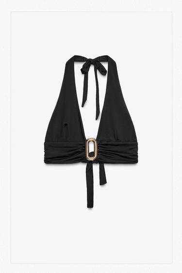 Zara HALTER BIKINI TOP WITH METAL DETAIL - Black
