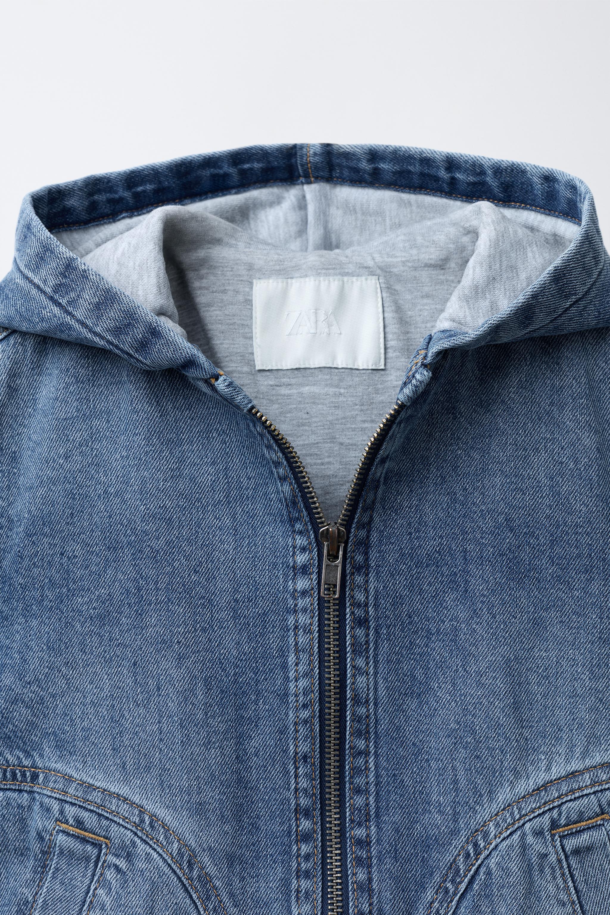 ジャケット・アウター A dark gray hooded denim jacket. H&M Forever 21 Zara J Crew Men Hooded Canvas Denim Jacket