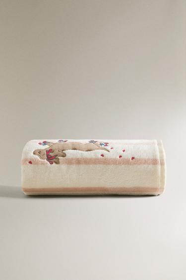SERVIETTE DE BAIN ENFANT RAYURES CHIEN PATINEUR - Rose / Blanc de Zara - Image 1