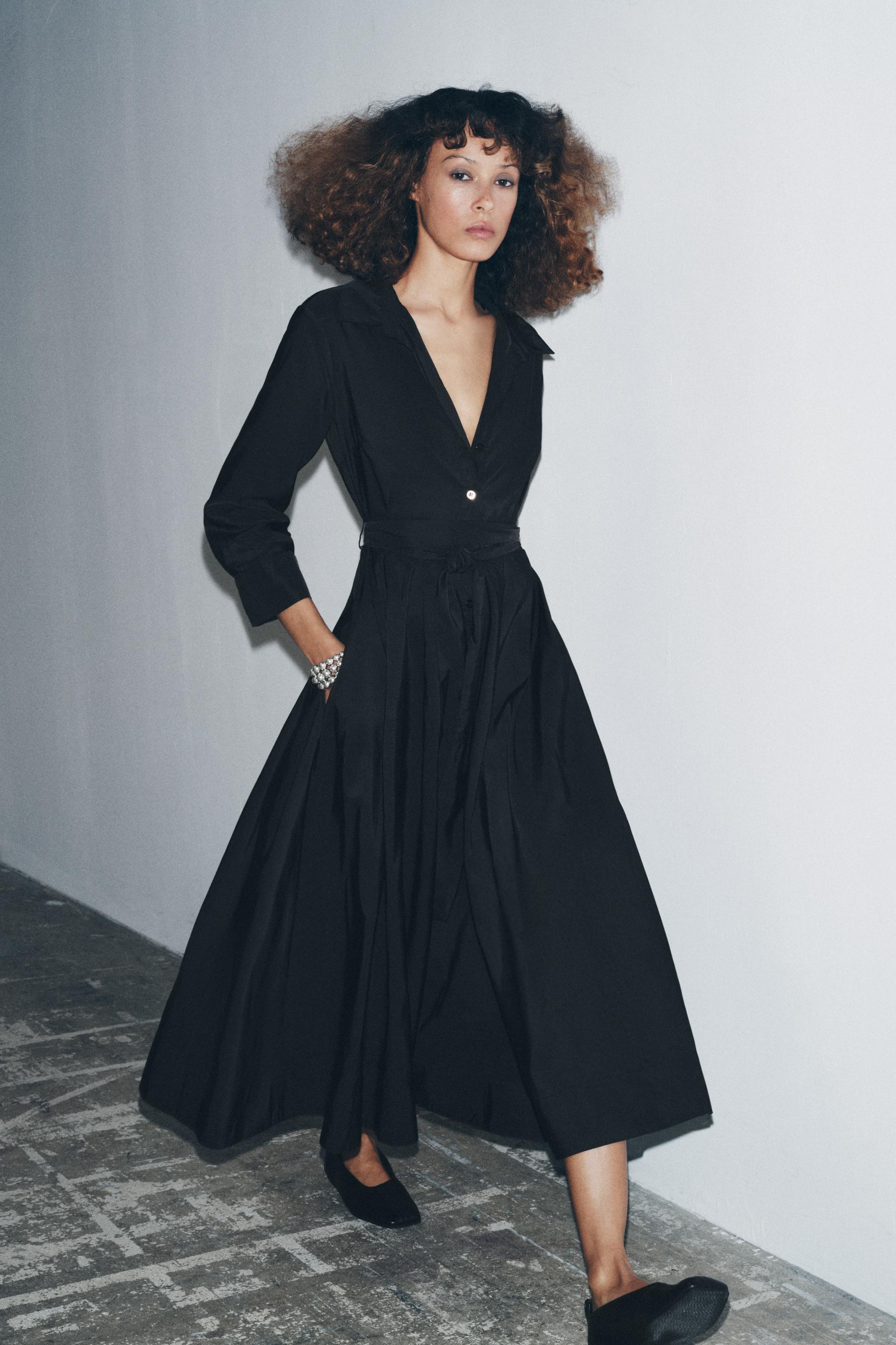 Vestido Camisero Zara Vestido Midi Negro VESTIDO MIDI CAMISERO ZW