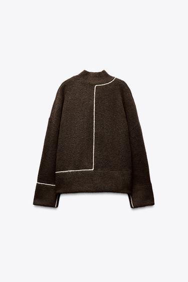 KNIT SWEATER WITH CONTRAST TRIMS - brown vigore by Zara - Image 3