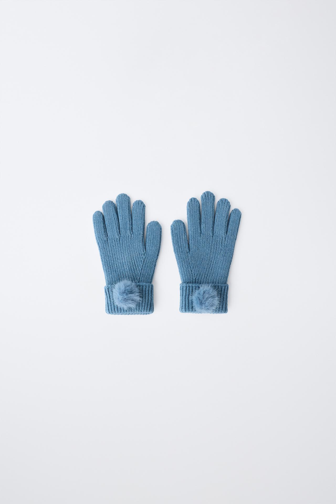 POM-POM KNIT GLOVES — Light petrol blue