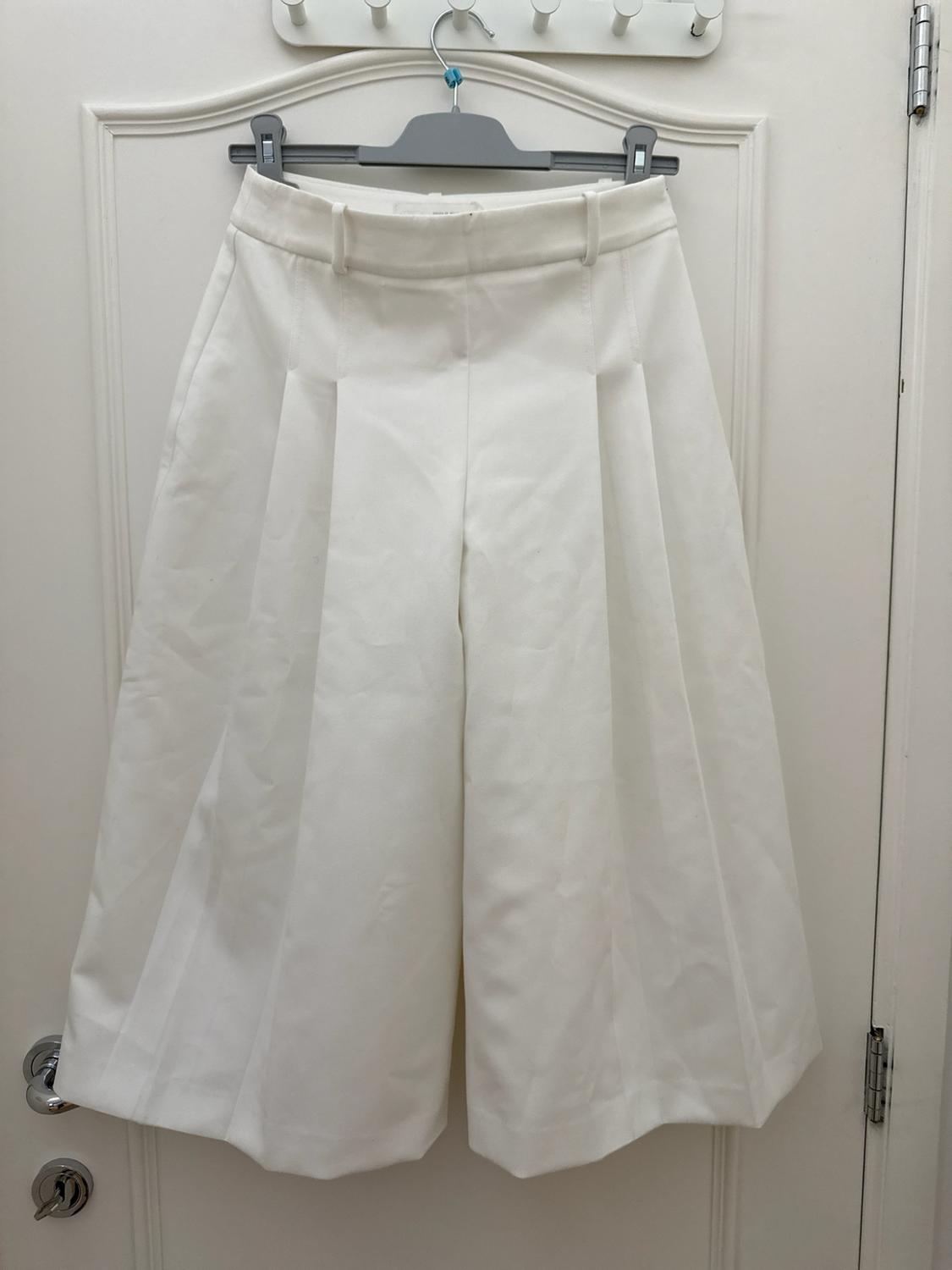 Wide white pleated trousers hanging on a grey hanger over a white door.