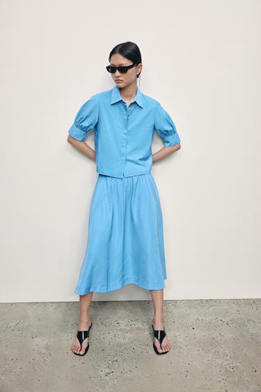 Zara ZW COLLECTION 蓬蓬中長半身裙 - 藍色