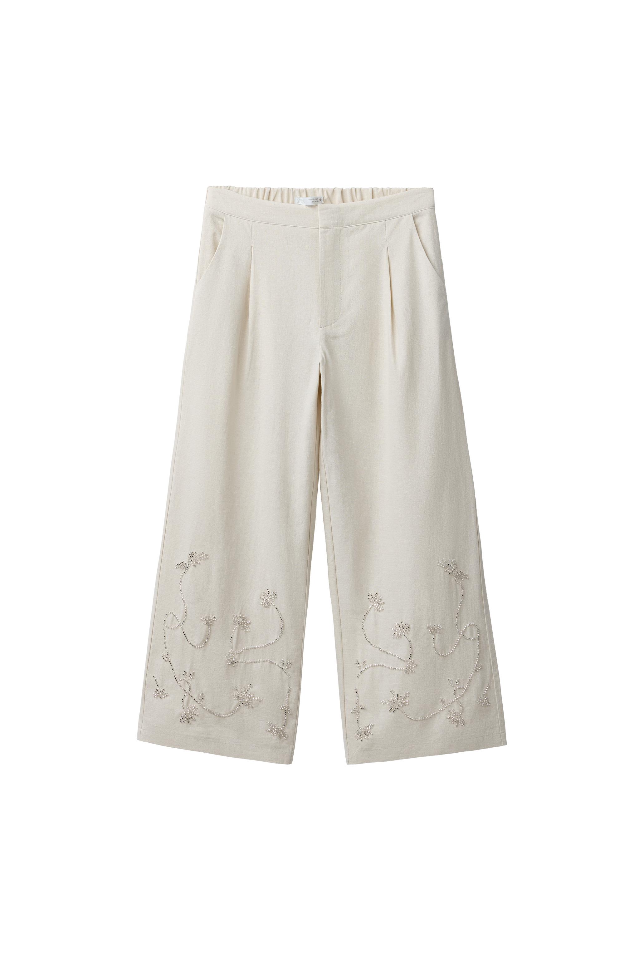 LINEN AND COTTON WIDE LEG BEADED PANTS - Sand | ZARA United States