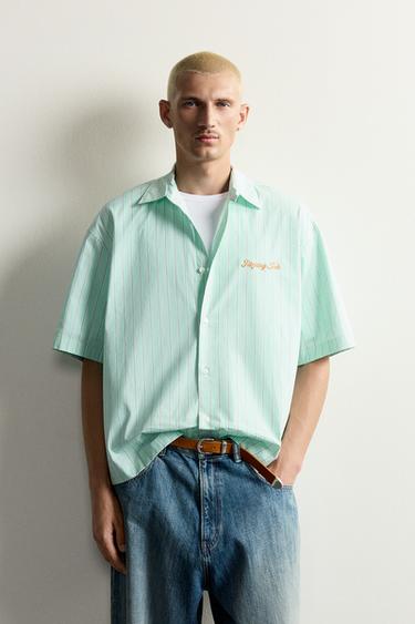 Zara STRIPED EMBROIDERED BOXY SHIRT - Green