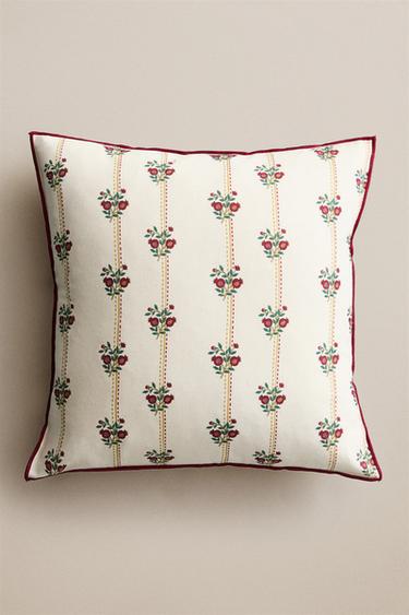 STRIPED AND FLORAL CUSHION COVER — Ecru 1