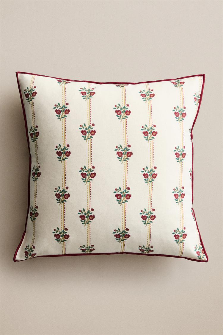 STRIPED AND FLORAL CUSHION COVER — Ecru