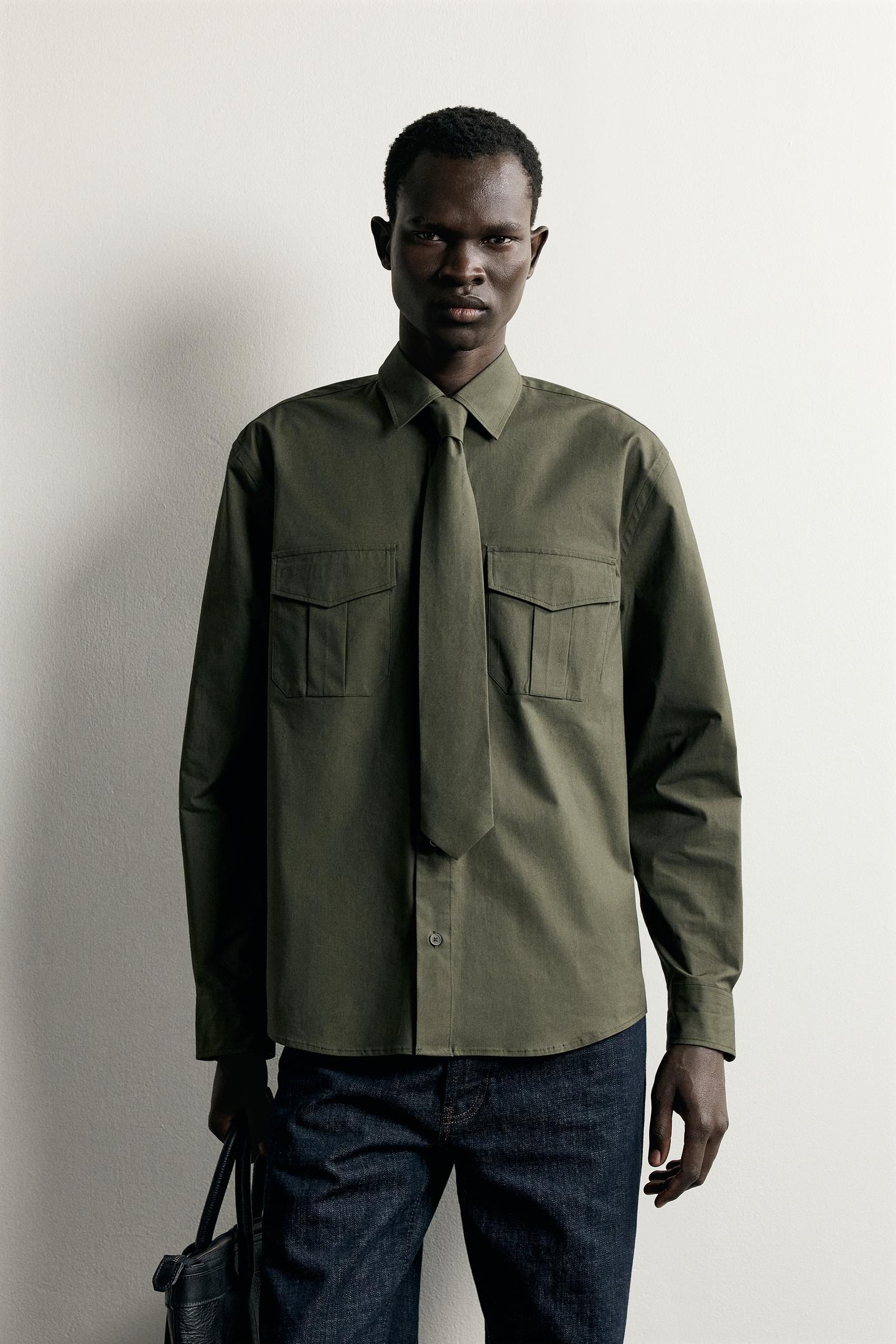 Мужская рубашка Zara Relaxed Fit Shirt with Matching Tie, цвет: Хаки — фото 2